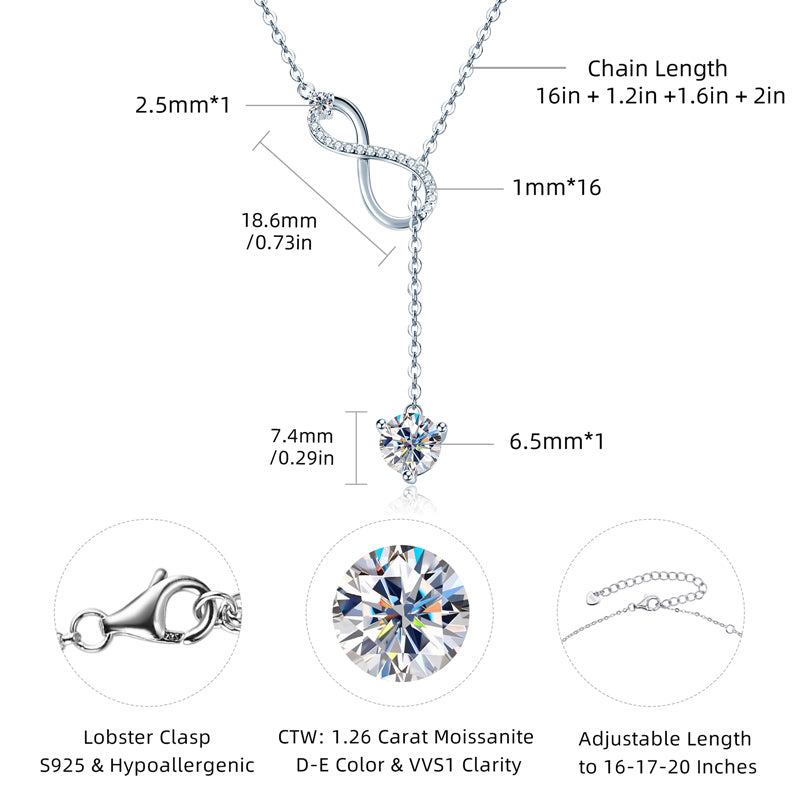S925 Sterling Silver Classic Y Lariat Round Cut Moissanite Pendant Necklace