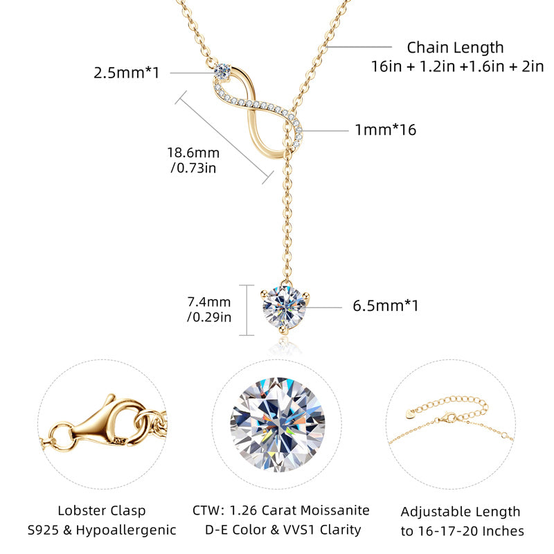 S925 Sterling Silver Classic Y Lariat Round Cut Moissanite Pendant Necklace