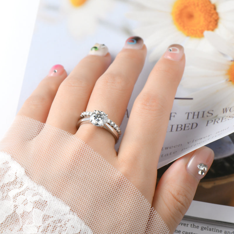 S925 Sterling Silver Solitaire Engagement Wedding Moissanite Rings (Bridal Sets)| 2CT