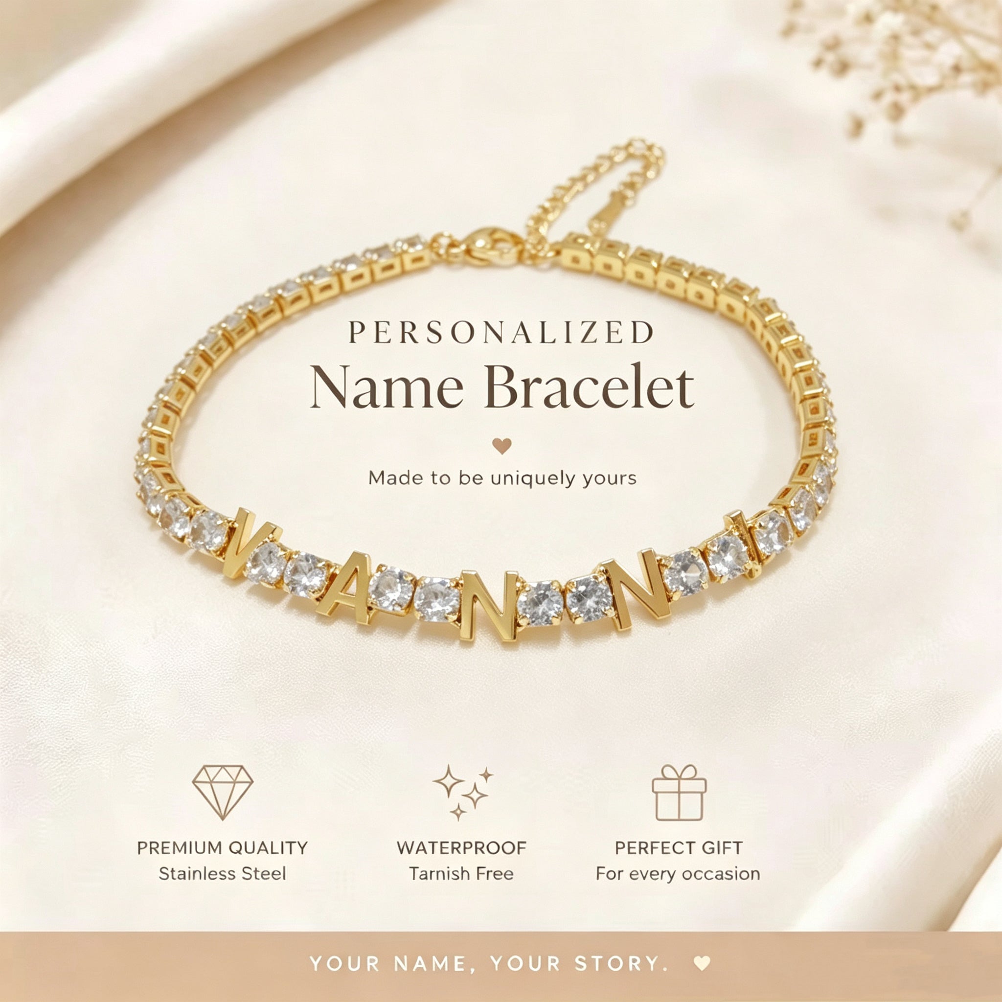 Personalized Name Tennis Bracelet worn on wrist