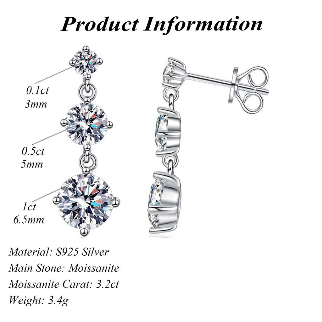 S925 Sterling Silver Three Stone Moissanite Earrings