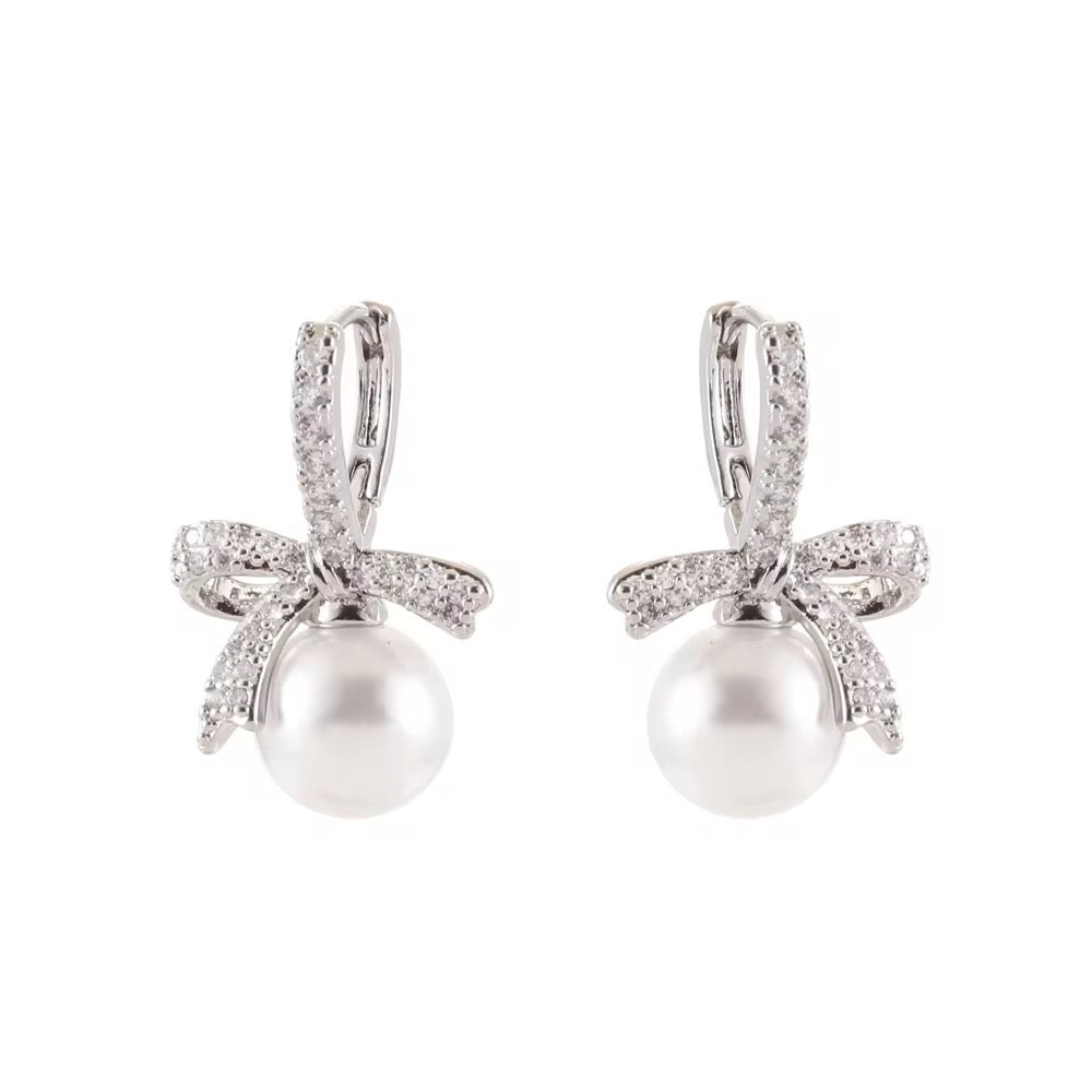 Bow-Shaped Pearl Pendant Earrings