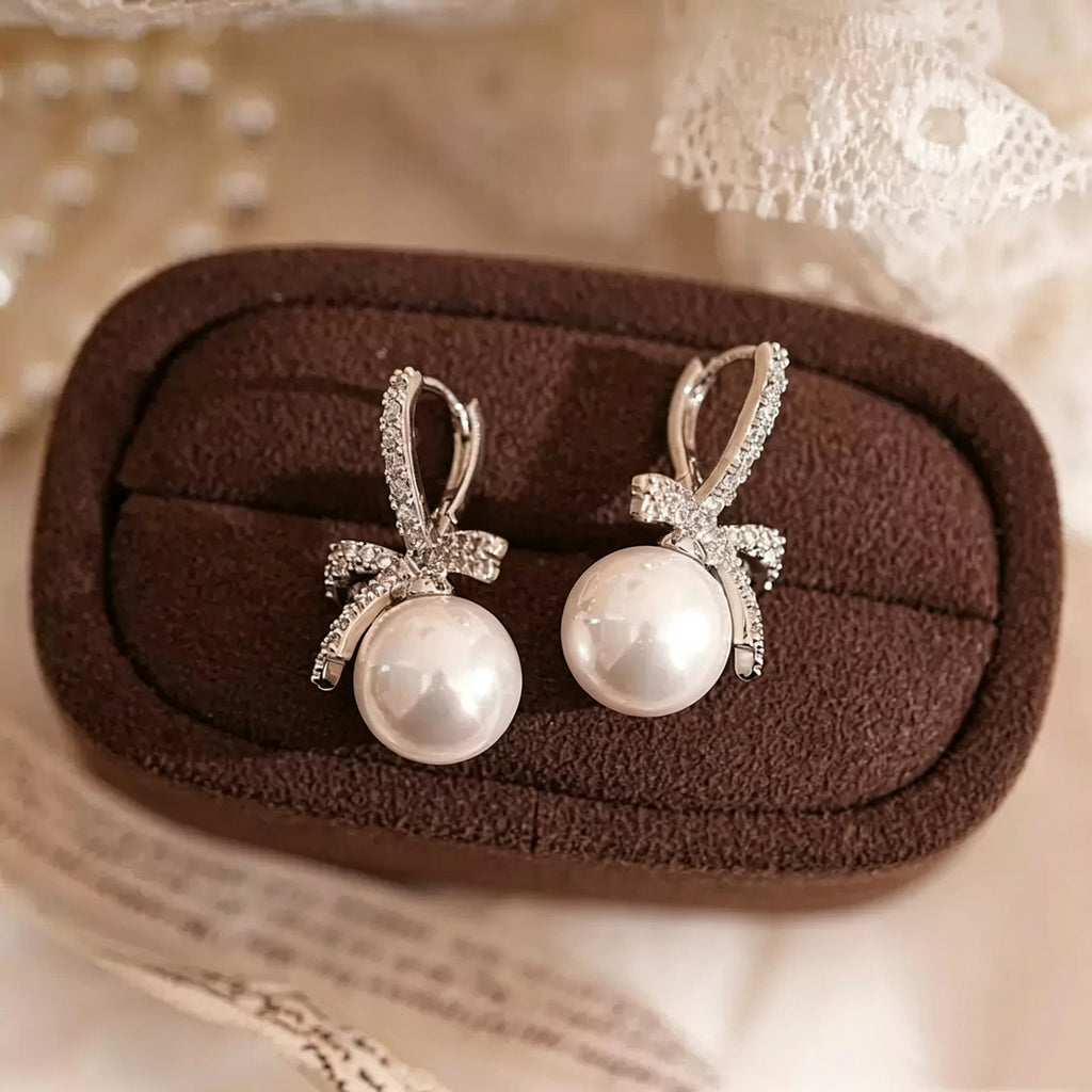 Bow-Shaped Pearl Pendant Earrings
