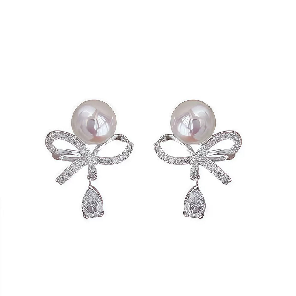 S925 Sterling Silver Korean Style Diamond Bow with Pearls Earrings
