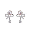 S925 Sterling Silver Korean Style Diamond Bow with Pearls Earrings