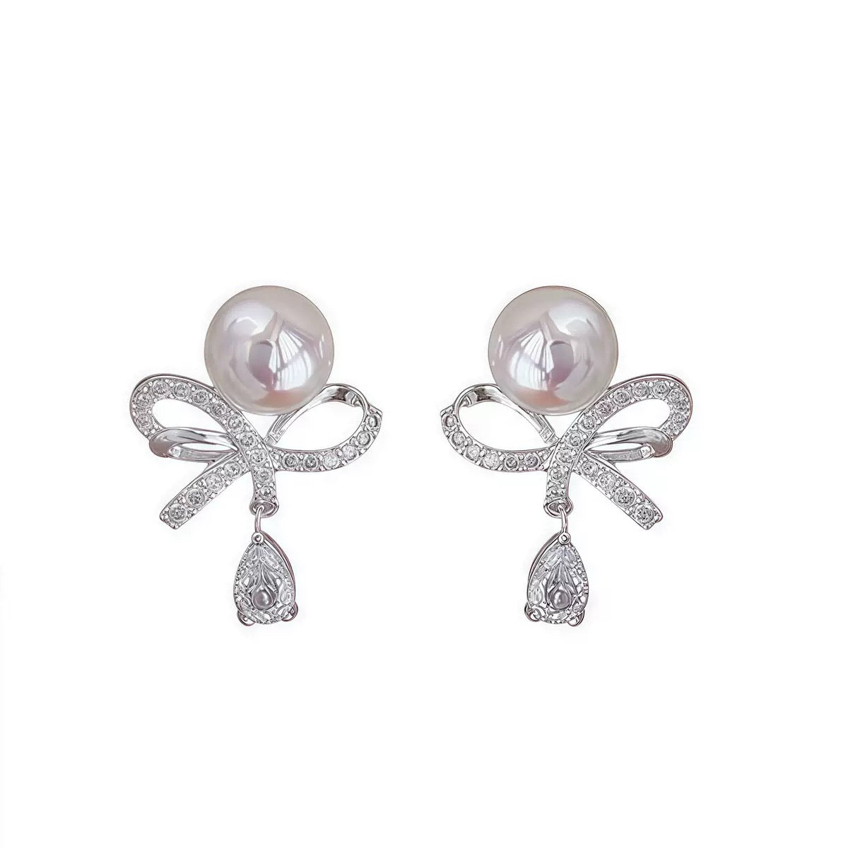 S925 Sterling Silver Korean Style Diamond Bow with Pearls Earrings