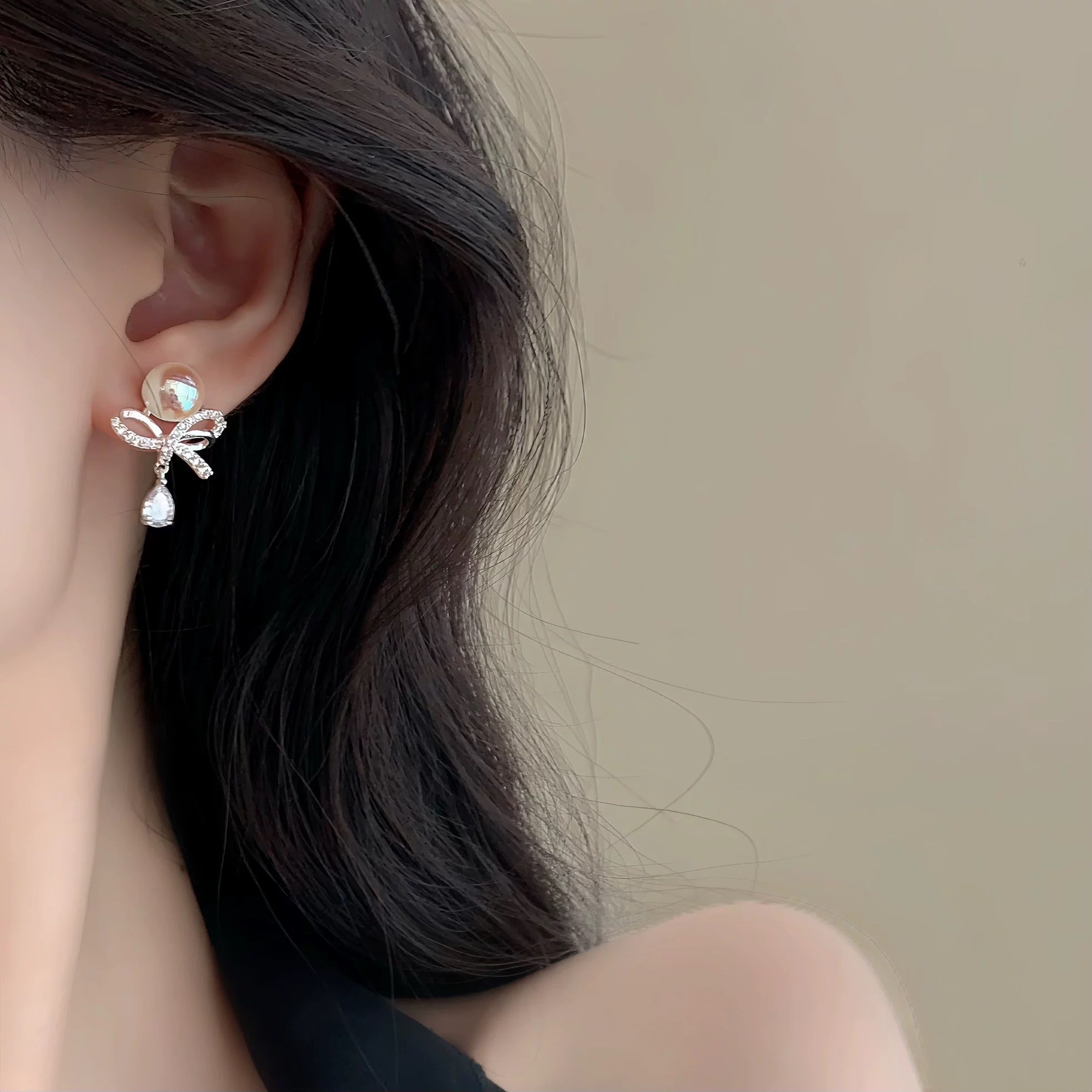 S925 Sterling Silver Korean Style Diamond Bow with Pearls Earrings