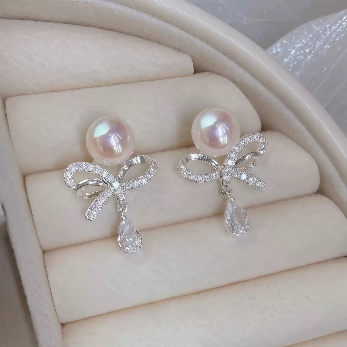 S925 Sterling Silver Korean Style Diamond Bow with Pearls Earrings