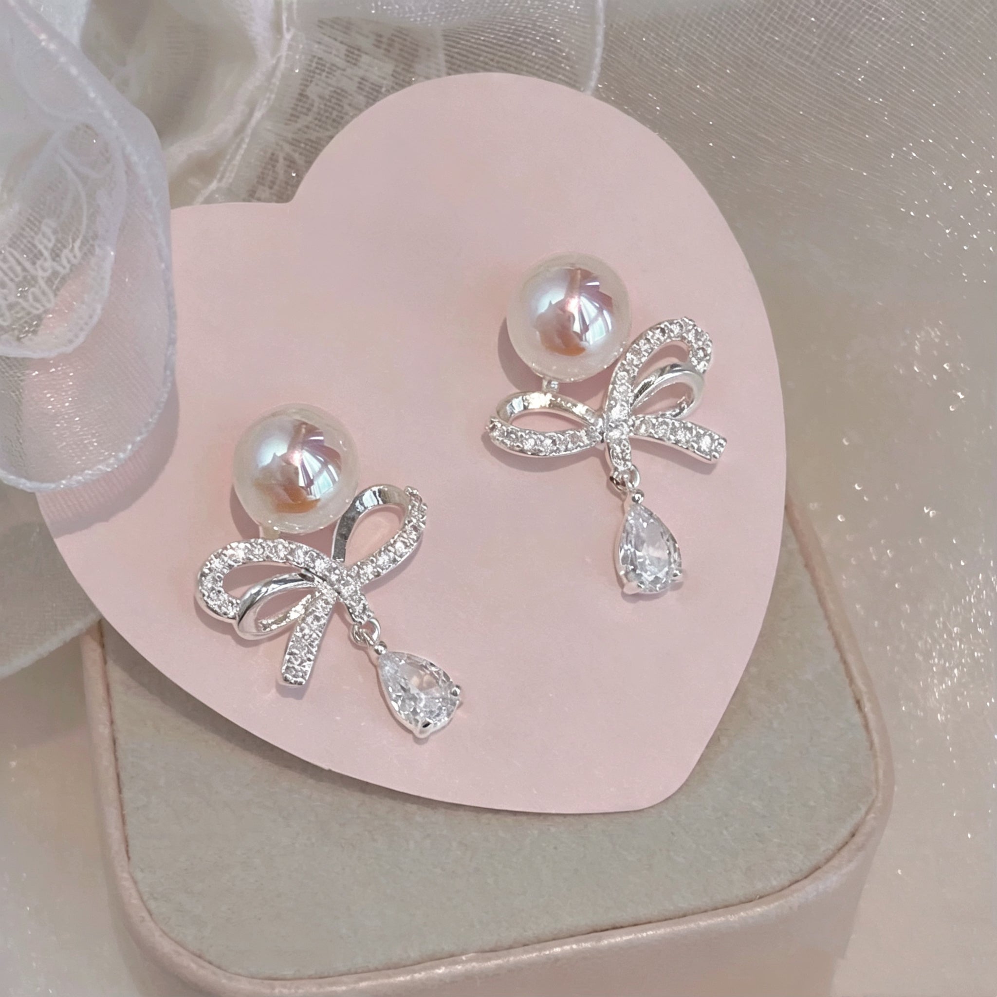 S925 Sterling Silver Korean Style Diamond Bow with Pearls Earrings