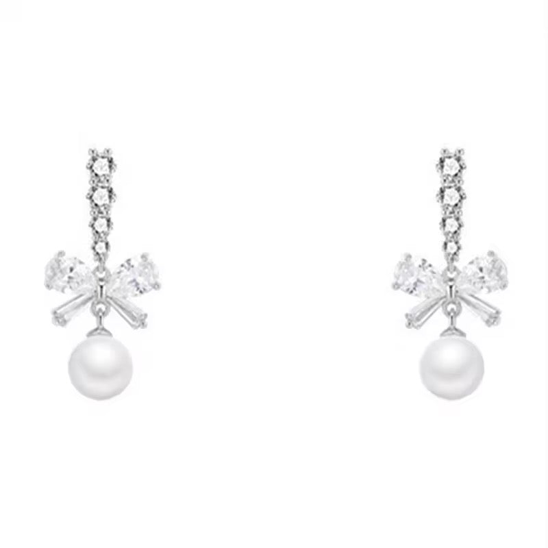 S925 Sterling Silver Cute Bow with White Pearls Earrings