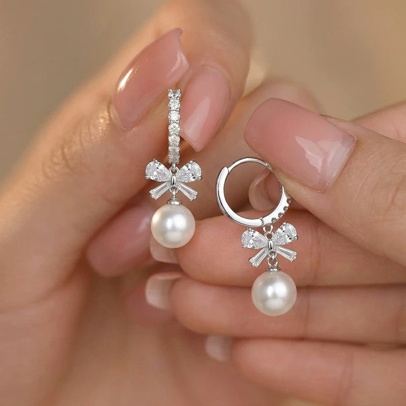 S925 Sterling Silver Cute Bow with White Pearls Earrings