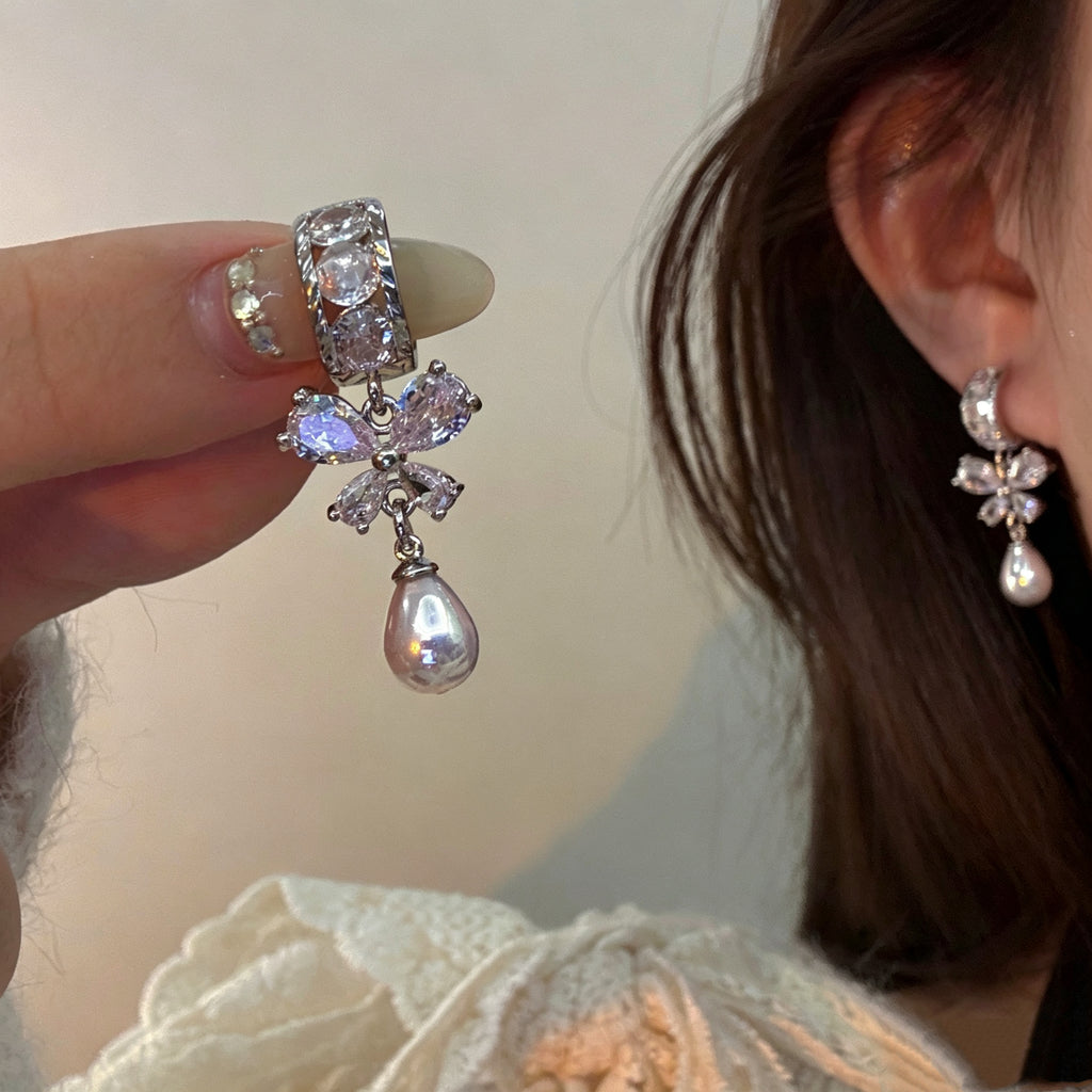 Luxury Zircon Bow Pearl Earrings