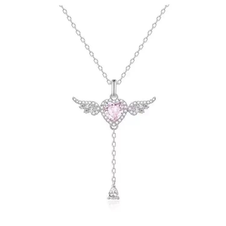 S925 Sterling Silver Angel Wings and Heart Necklace