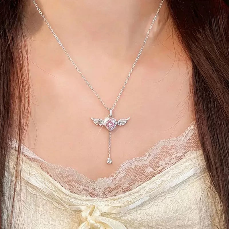 S925 Sterling Silver Angel Wings and Heart Necklace