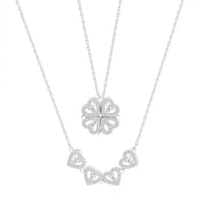 S925 Sterling Silver Magnetic Heart Four Leaf Clover Necklace
