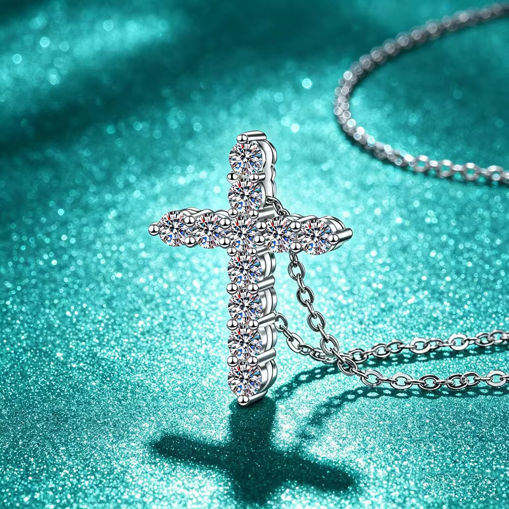 S925 Sterling Silver Cross Moissanite Pendant Necklace
