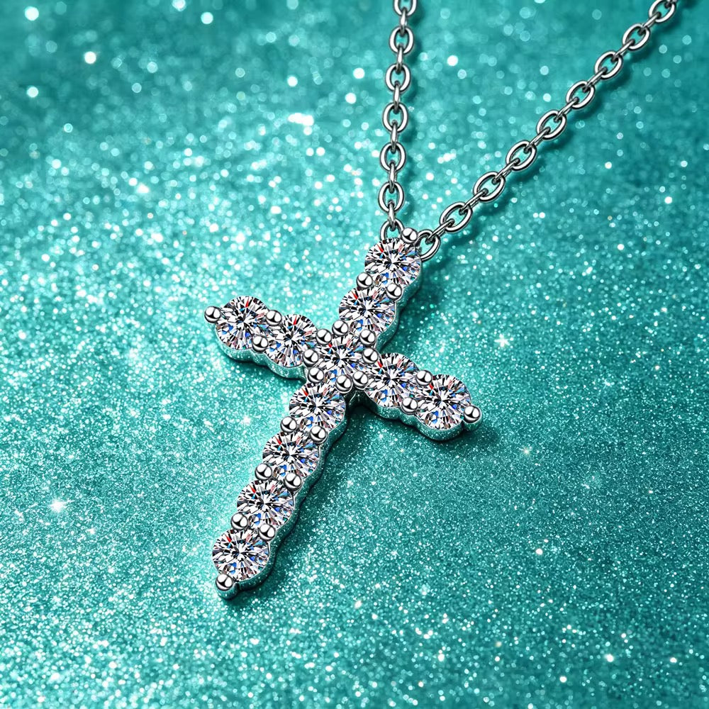 S925 Sterling Silver Cross Moissanite Pendant Necklace