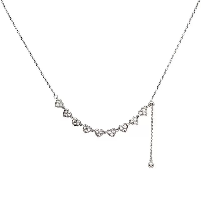 S925 Sterling Silver Crystal Hearts Row Necklace