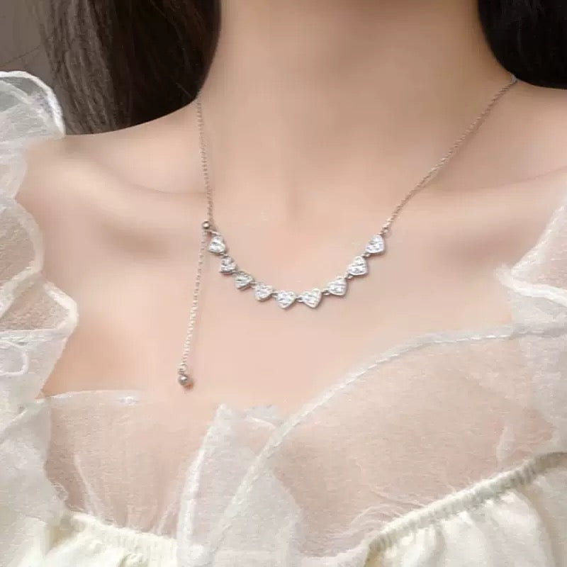 S925 Sterling Silver Crystal Hearts Row Necklace