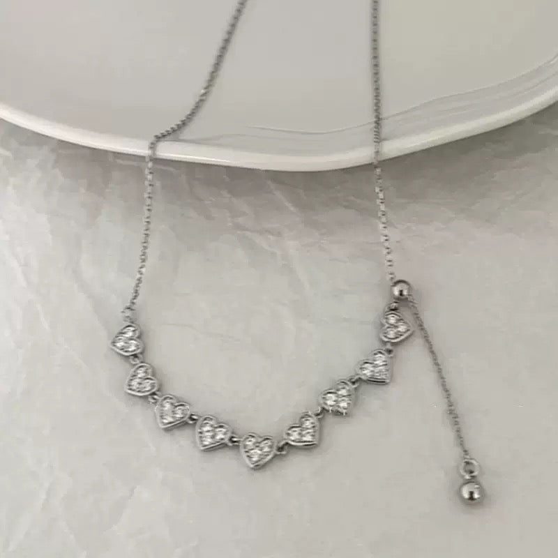 S925 Sterling Silver Crystal Hearts Row Necklace