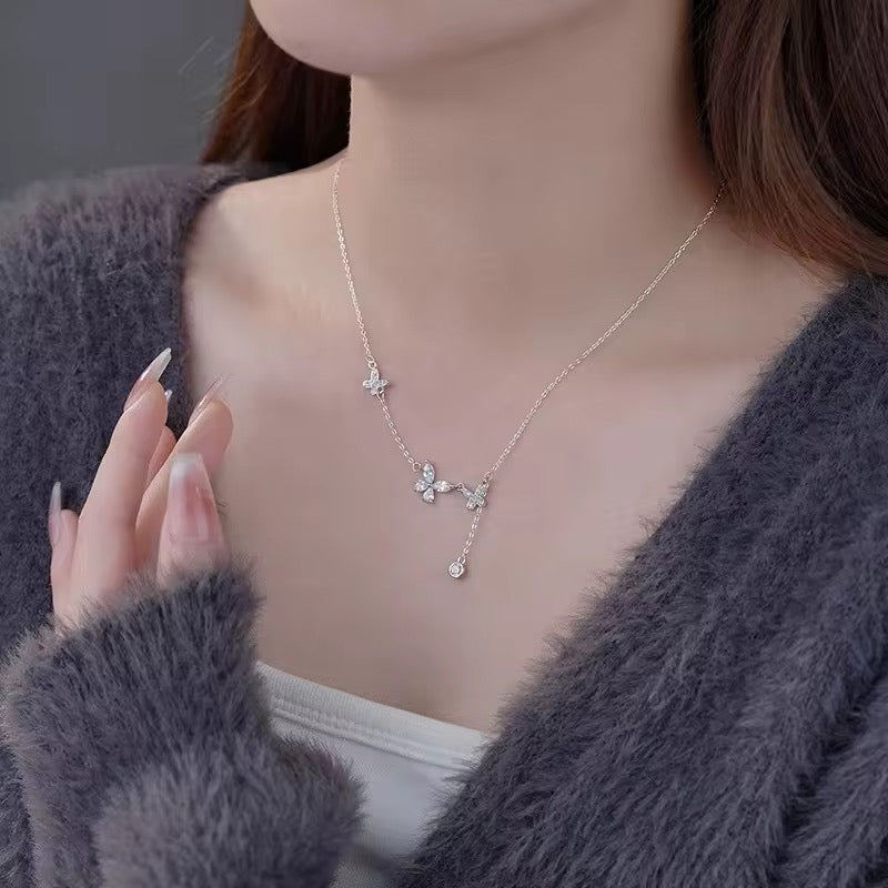 S925 Sterling Silver Butterfly Flower Pendant Necklace