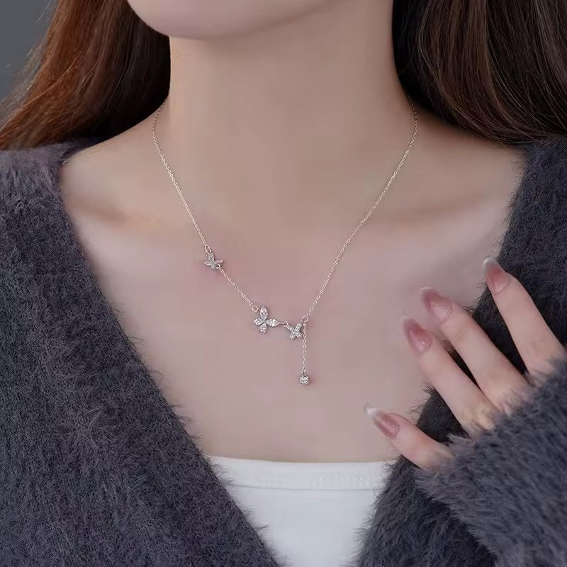 S925 Sterling Silver Butterfly Flower Pendant Necklace