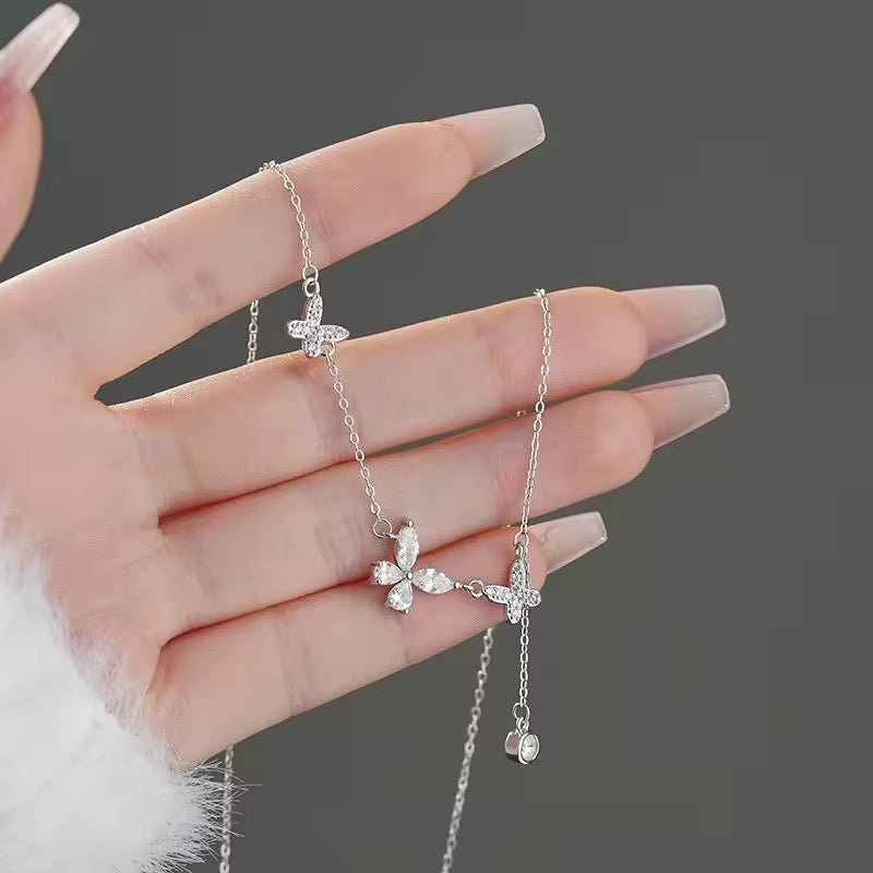 S925 Sterling Silver Butterfly Flower Pendant Necklace