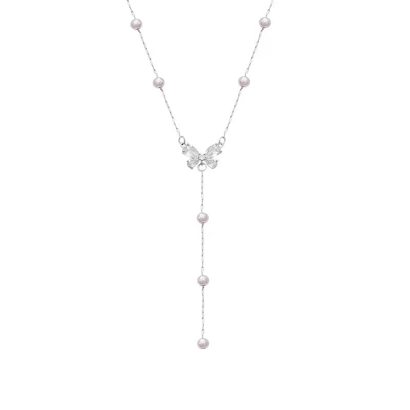 S925 Sterling Silver Starry Zircon Butterfly Pearl Necklace