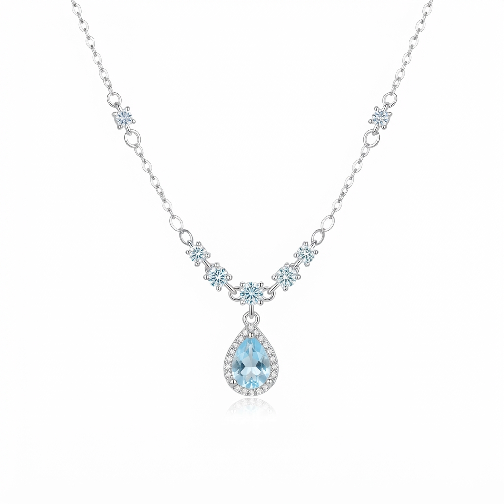 S925 Sterling Silver Aqua Blue Water Drop Pendant Necklace