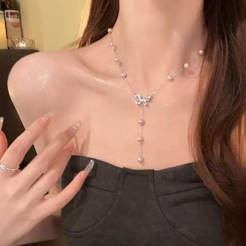 S925 Sterling Silver Starry Zircon Butterfly Pearl Necklace