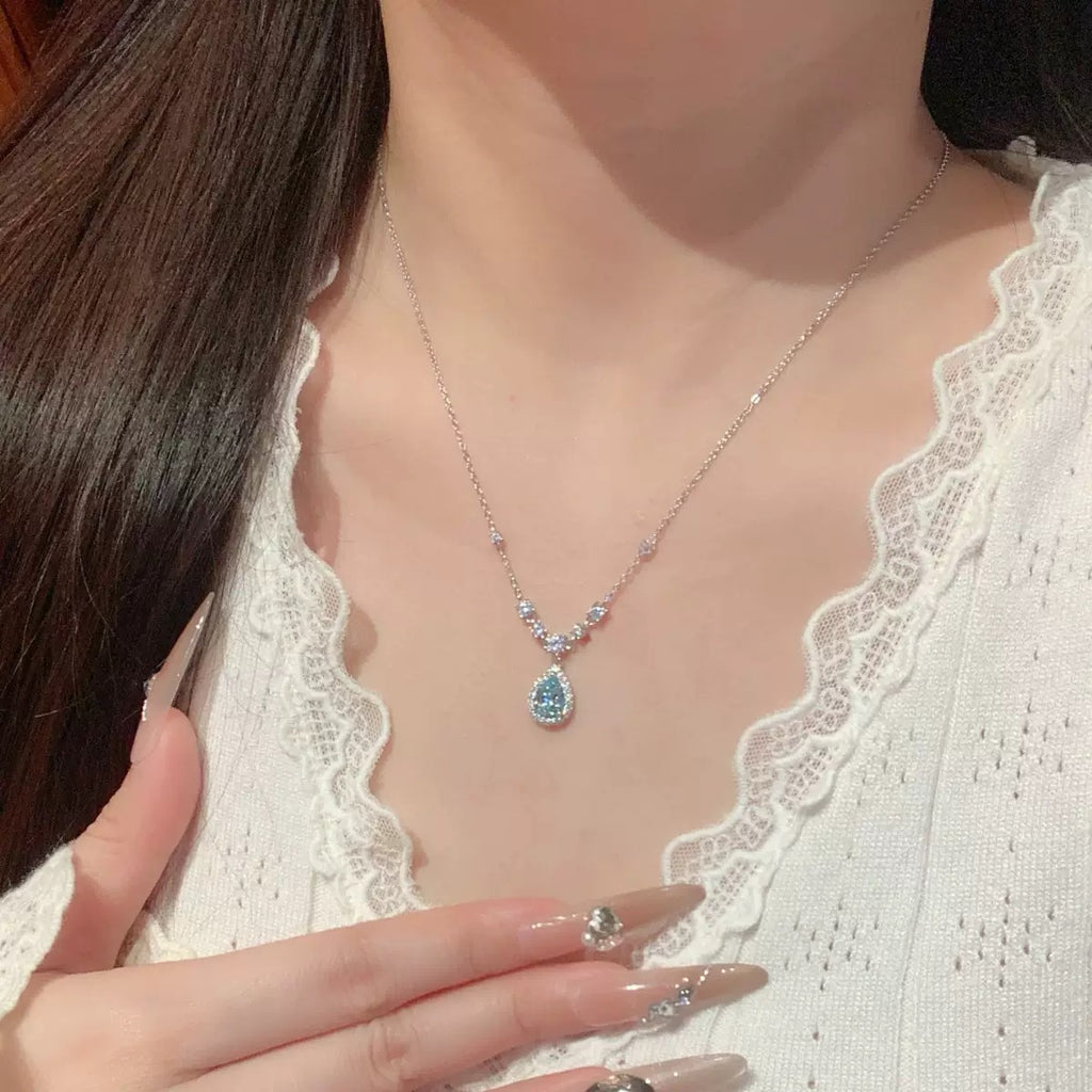 S925 Sterling Silver Aqua Blue Water Drop Pendant Necklace