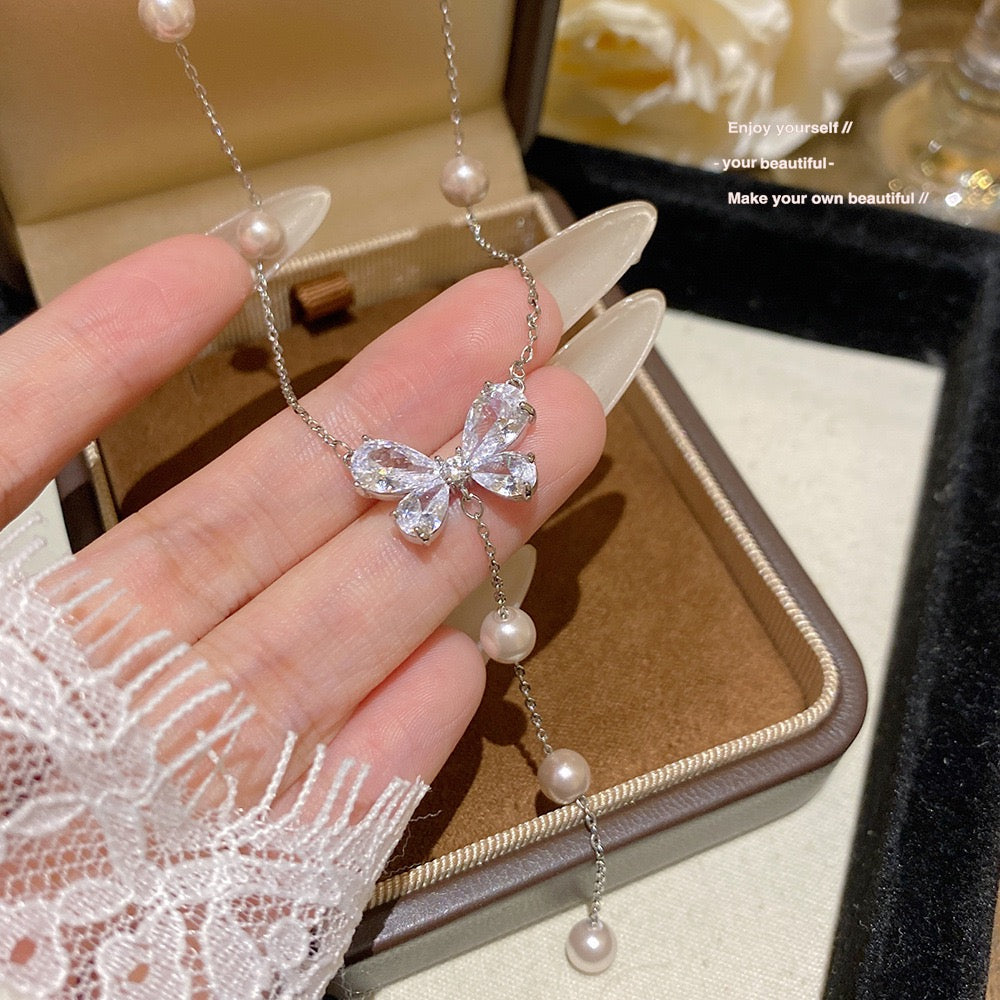 S925 Sterling Silver Starry Zircon Butterfly Pearl Necklace