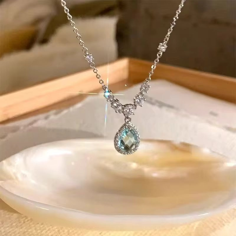 S925 Sterling Silver Aqua Blue Water Drop Pendant Necklace
