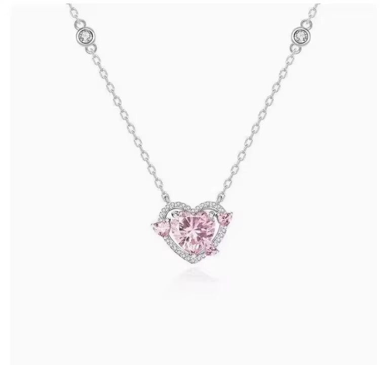 S925 Sterling Silver Pink Zircon Heart Necklace