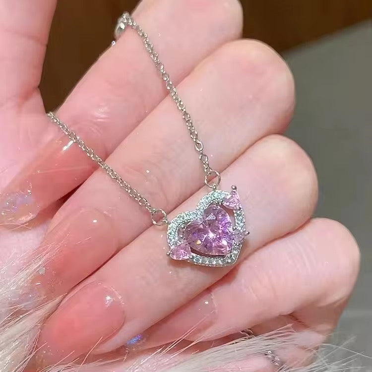 S925 Sterling Silver Pink Zircon Heart Necklace