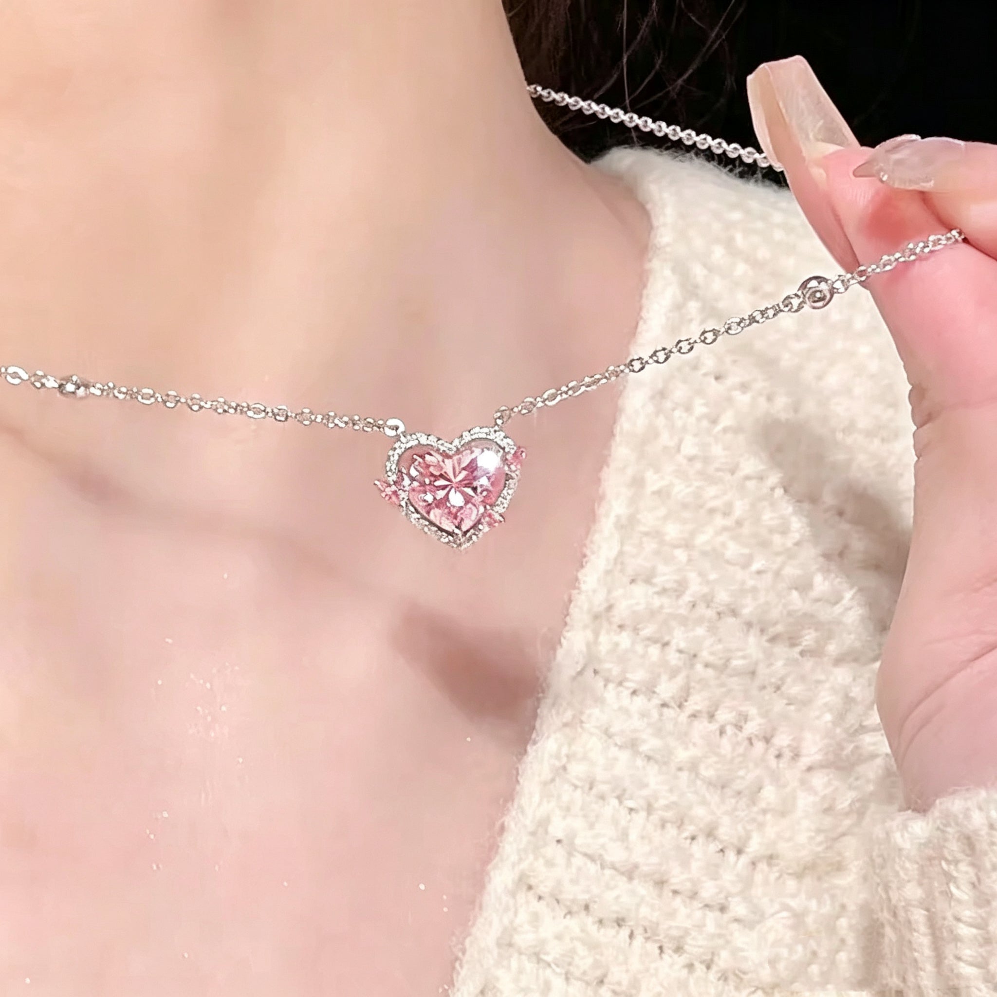 S925 Sterling Silver Pink Zircon Heart Necklace